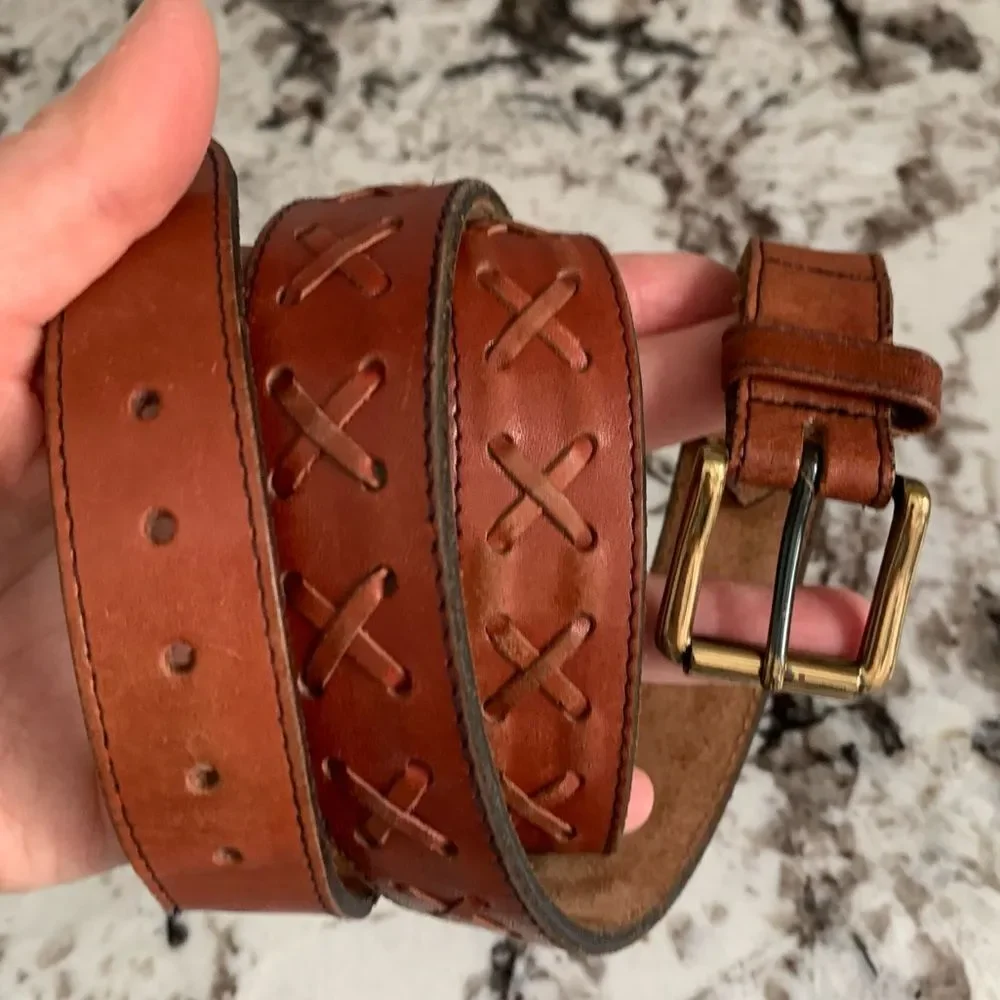 Oil Tanned Cowhide Belt - Decorative Repeated X Design - 38 Western Cowboy